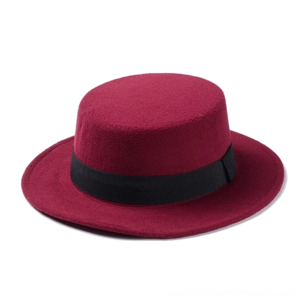 Wine red burgundy wool felt gothic fedora with black ribbon, flat crown design overhead