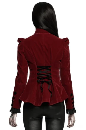 Gothic wine red velvet jacket back view showing black ribbon corset lace-up, padded puff shoulders, and flared peplum hem
