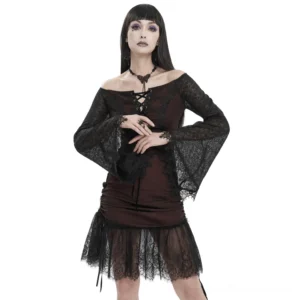 Wine red off-shoulder gothic lace dress with black splice detail and crisscross lace-up front, front close-up view on model