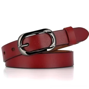 Wine red genuine leather gothic belt with polished silver oval buckle, diagonal display