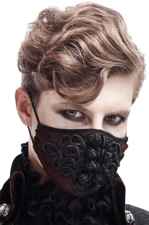 Wine red gothic embroidered face mask front close-up with black knot embroidery detail, unisex design