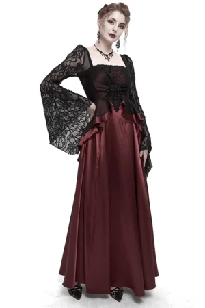 Wine red gothic maxi dress with black lace bell sleeves and beaded appliqué, front three-quarter view on model