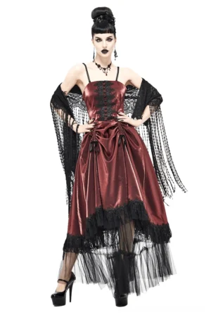 Wine red gothic slip dress front view on model with black lace high-low hem and spaghetti straps