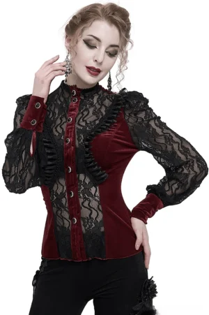 Wine red velvet gothic blouse with lace puff sleeves, stand collar, and black floral lace overlay - front three-quarter view