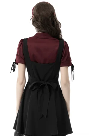 Wine red and black gothic two-piece outfit back view showing pinafore dress bow detail