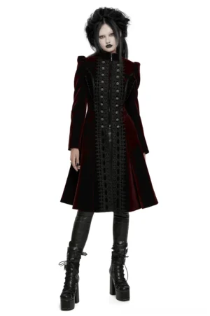Wine red velvet gothic coat front view worn by model on white background, featuring black lace front panel and ornate metal buttons