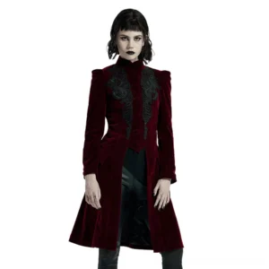 Wine red velvet gothic coat with black lace chest appliqué, front view on female model in studio