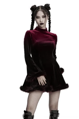 Wine red velvet gothic mini dress with ombre gradient and feather trim front view on model