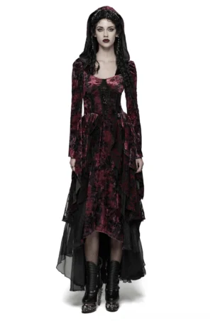 Wine red velvet gothic vampire hooded dress with high-low tulle hem, front full-body view on female model