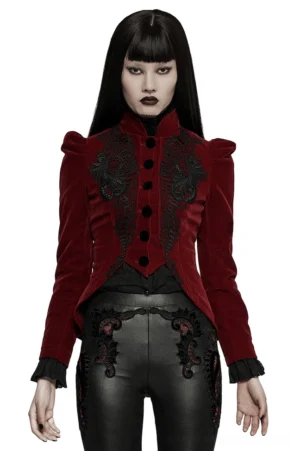 Wine red velvet gothic jacket front view with black lace embroidery on female model, featuring stand collar and padded shoulders