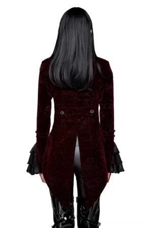 Gothic velvet tailcoat jacket back view showing dramatic split tail hem and buttoned back details with flared lace cuffs