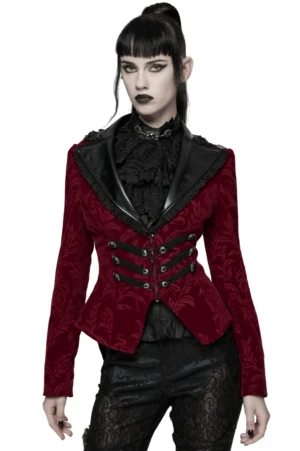 Wine red velvet gothic tailcoat jacket with black leather lapels and lace trim - front view on model