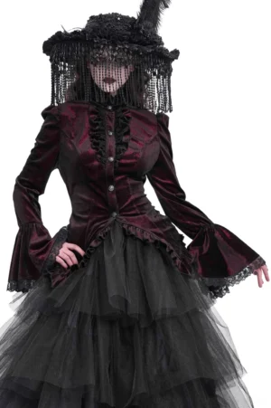 Wine red Victorian gothic velvet blouse with lace ruffled collar and bell sleeves - front full body view on model