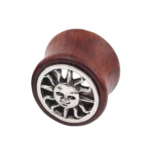 Wine red wooden ear gauges with celestial sun motif and silver inlay, three size variants displayed on white background