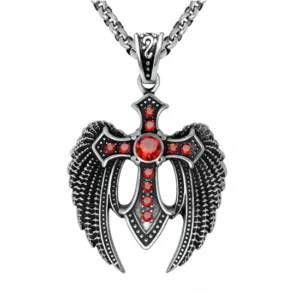 Red gemstone inlaid winged cross gothic pendant necklace, front view displaying carved feather details and silver metal finish