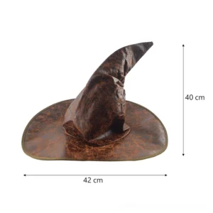 Distressed leather witch hat front side profile with size measurement indicators displaying one-size fit for alternative fashion