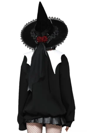 Gothic witch sweatshirt back view with decorated witch hat and red roses black veil