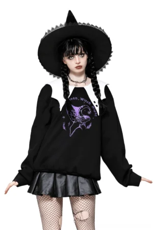 Black witch moon graphic sweatshirt with white Peter Pan collar front view worn by goth model