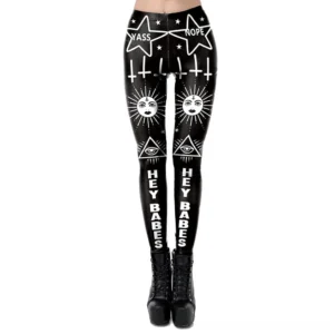 Black witchcraft print leggings front view showcasing sun face, all-seeing eye, stars and 'HEY BABES' text