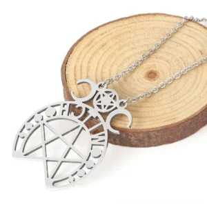 Pentagram pendant necklace detail view showing hollow stainless steel craft and chain length