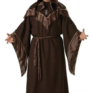Dark wizard cosplay costume robe showing waist drawstring and emblem detail, gothic sorcerer mage uniform cropped front view