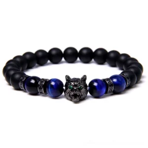 Blue tiger eye wolf head charm bracelet with natural stone beads, gothic elegant design overhead view