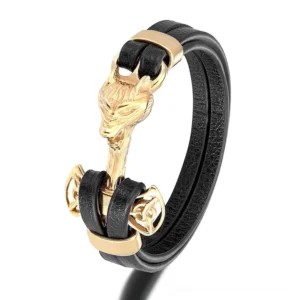 Gold-tone wolf head gothic leather bracelet with Celtic knot embellishment, premium black genuine leather, alternative rock jewelry, unisex wolf pendant