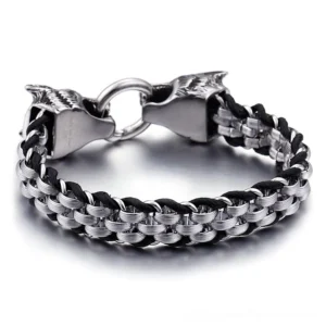 Wolf head leather bracelet side view showing intricate dual wolf head lock mechanism and mixed metal-leather chain construction