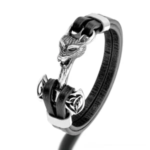 Silver-tone wolf head gothic leather bracelet with Celtic knot pendant, genuine black leather strap, vintage rock style design, unisex accessory
