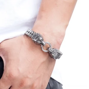 Wolf head gothic bracelet worn on male wrist showing punk rock style and realistic daily wear appearance