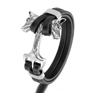 Silver-tone dual wolf head gothic leather bracelet with stainless steel clasp, textured leather strap detail