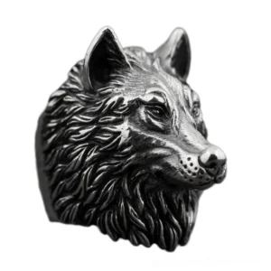 Vintage wolf head gothic ring silver three-quarter view showing detailed carved wolf sculpture