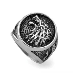 Wolf head gothic signet ring stainless steel vintage silver tone three-quarter front view