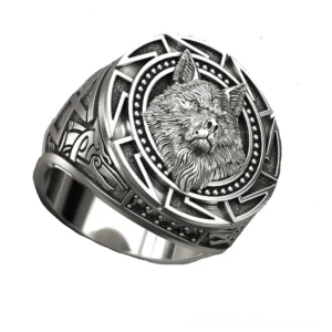 Wolf head ring side front angle vintage silver tone detailed embossed wolf with side engravings gothic jewelry