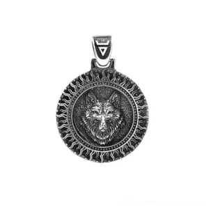 Black sun wolf head amulet round pendant frontal flat lay gothic necklace antique silver
