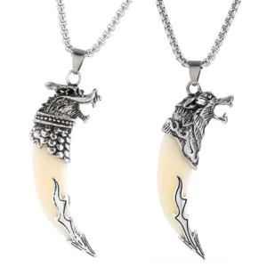 Wolf tooth gothic pendant - dual style comparison front view showing wolf head and dragon head designs with antique silver finish