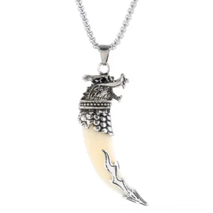 Wolf tooth gothic necklace with roaring wolf head ornament - antique silver fang pendant top angle detail