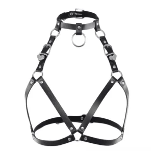 Adjustable faux leather chest harness with crisscross strap design and metal O-rings