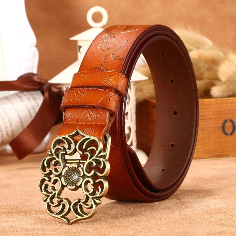Genuine leather women's gothic belt with geometric pin buckle detail, embossed leather strap close-up showcasing vintage craftsmanship