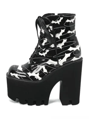 Women's gothic bat print platform ankle boots, right side profile view displaying side zipper closure and chunky block heel with lug sole