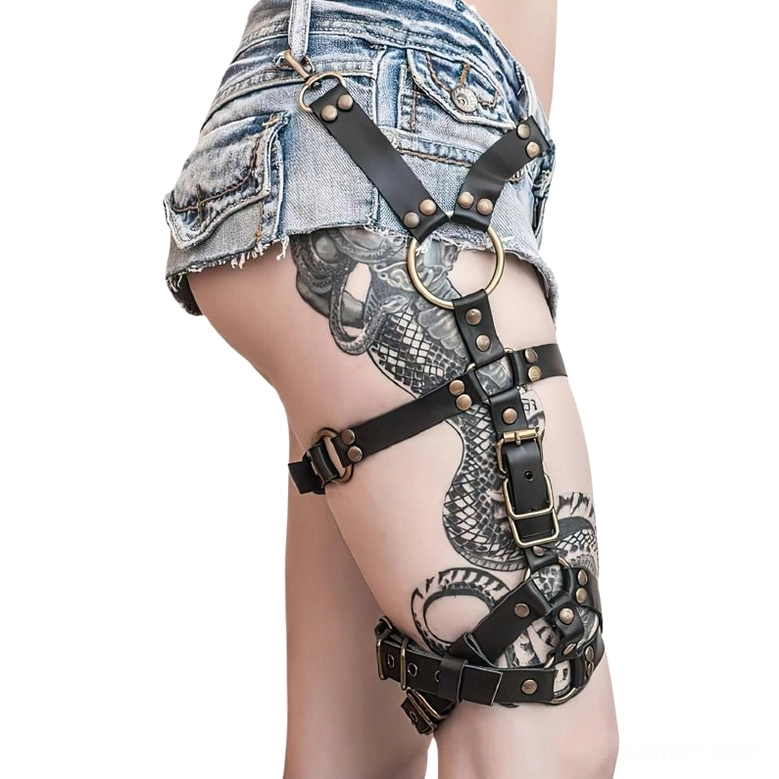 Adjustable leather garter harness with large metal O-ring hardware, rear view showcasing crisscross strap design