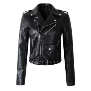 Women's black faux leather gothic moto jacket with silver zippers, belted waist and turn-down collar - front view