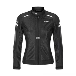 Women's black gothic motorcycle jacket with white reflective trims, front flat view, studio shot