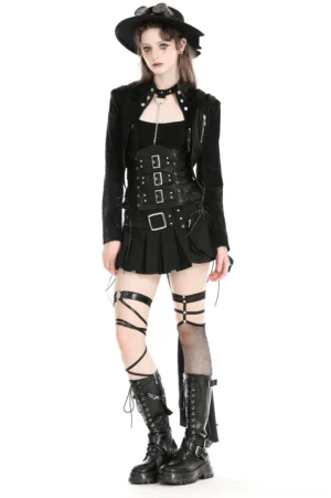 Women's black lace-up gothic cape with silver hardware - front full body view on model