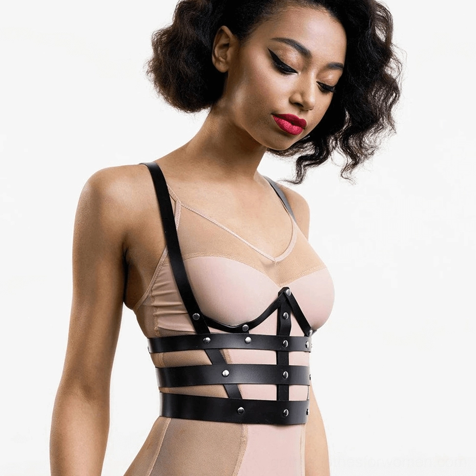 Women's black leather chest harness full product display on studio background showing complete design