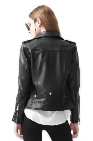 Black leather gothic motorcycle jacket back view showing tailored back panel, waist snap buttons, and smooth genuine sheepskin texture