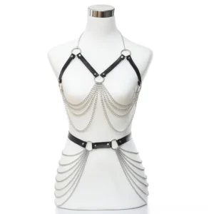 Gothic body harness with dual-side waist chains and adjustable leather straps front full display