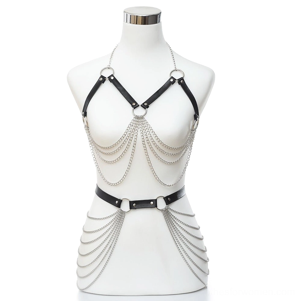 Gothic body harness with dual-side waist chains and adjustable leather straps front full display