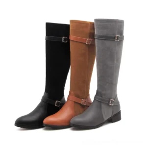 Women's gothic buckle knee-high boots in black, tan brown, and grey PU leather with adjustable straps - studio product view