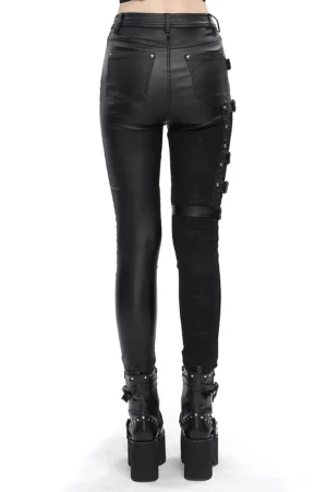 Black gothic splice pants back view on model, showing buckle detailing and slim silhouette from rear